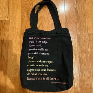 Quotable 2008 Black Canvas Tote Bag Mary Anne Radmacher Quote "Live with …..